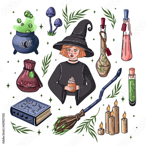 Witch items. Set of stickers with Witch, potions, cauldron, candles, Magic book, and broom. Spooky illustrations for Halloween. Vector.