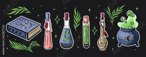 Set of bottles with potion and poison, Witch book and cauldron. Witchcraft and Magic Illustrations.