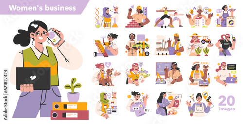 small business owner smiling and standing with crossed arms outside the cafe. Hand drawn style vector design illustrations.