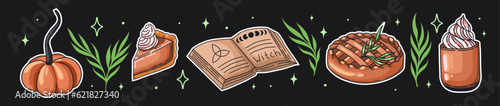 Witch kitchen. Autumn magic stickers with pumpkin pie and latte, apple pie, and Witch recipe book. Cozy illustrations for Halloween. Vector.
