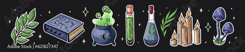 Set of bottles with potion and poison, Witch book, candles, mushrooms, and cauldron. Witchcraft and Magic Illustrations.