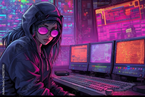 beautiful cyberpunk anime girl hacker, illustration, generative ai photo