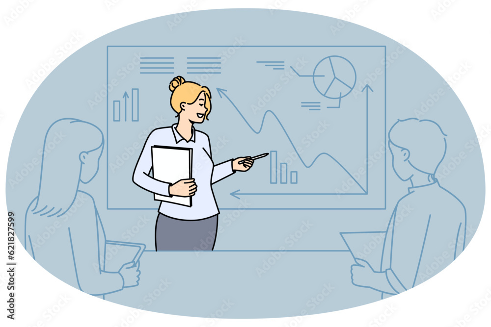 Female coach making business presentation for colleagues in office. Businesswoman presenting startup project on whiteboard at workplace. Vector illustration. Female coach making business presentation for colleagues in office. Businesswoman presenting startup project on whiteboard at workplace. Vector illustration.