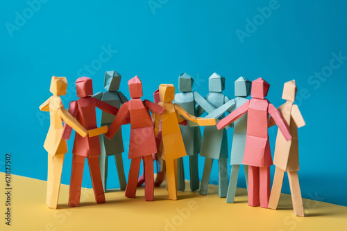 A group of paper people coming together as a team to support each other