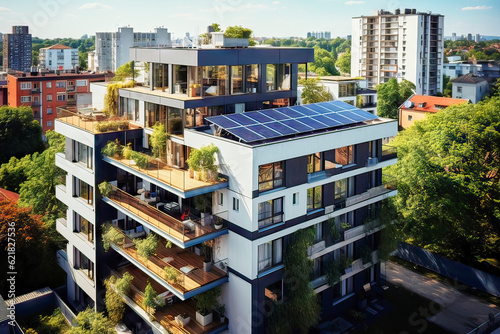Apartment house with a flat roof and a small solar system for generating electrical energy, made with generative ai