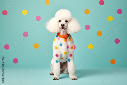 Cute white dog with colored hair. Pet, paint, hair style. Ai generative, illustration.