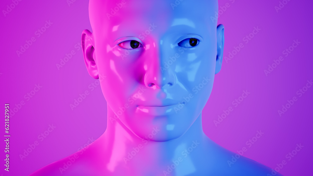 male hyper-realistic robot or cyborg in studio with neon light. Artificial intelligence or neural network in image cybernetic man. Digital technology concept. 3d render