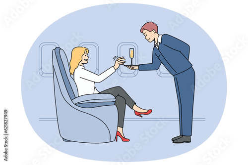 Woman get exceptional service in business class in plane. Rich female passenger get champagne on board in luxury first class airplane. Vector illustration.
