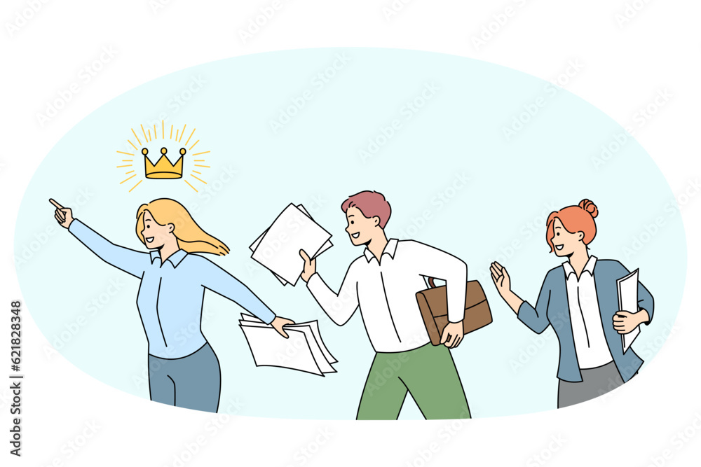 Employees following female leader reach shared business goals and success. People involved in teamwork strive for company accomplishment. Leadership. Vector illustration. Employees following female leader reach shared business goals and success. People involved in teamwork strive for company accomplishment. Leadership. Vector illustration.