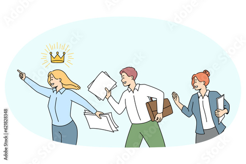 Employees following female leader reach shared business goals and success. People involved in teamwork strive for company accomplishment. Leadership. Vector illustration.