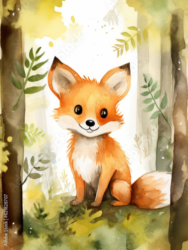 Cute watercolor fox, illustration for children