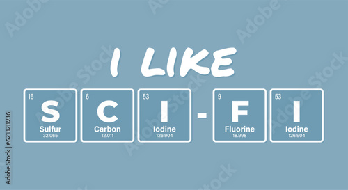 Vector inscription text I Like BEER composed of individual elements of the periodic table. Blue background
