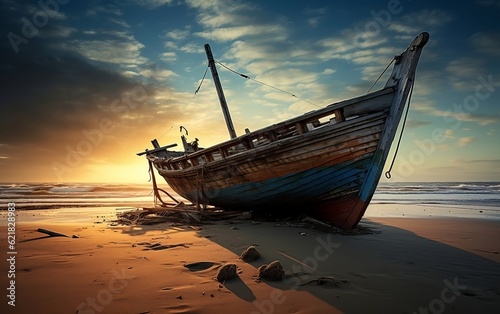 A boat sitting on top of a sandy beach. AI