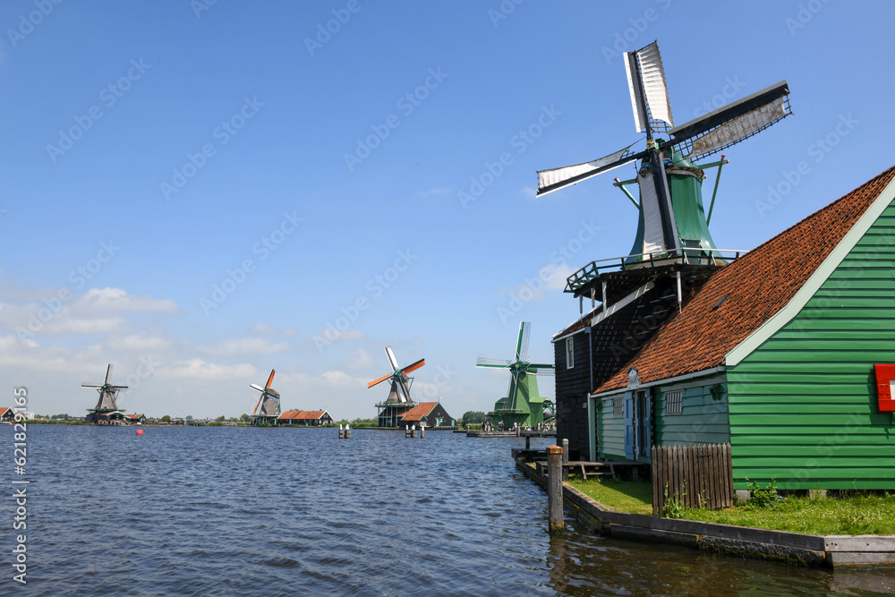 View at the Windmills of Zaanse Schans near Amsterdam in Holland