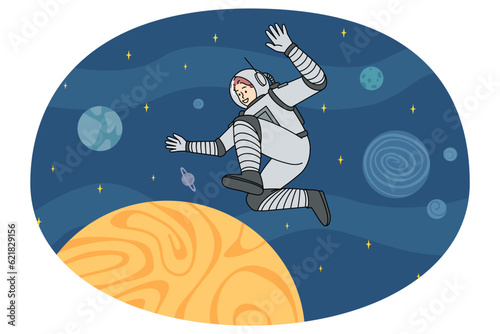 Astronaut walking in open universe. Cosmonaut in spacesuit among planets in cosmos. Spacewalking concept. Vector illustration.