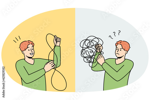 Man untangle puzzle find answers to mental problems. Unhappy and happy male after psychological session. Mind and stress relieve concept. Vector illustration.