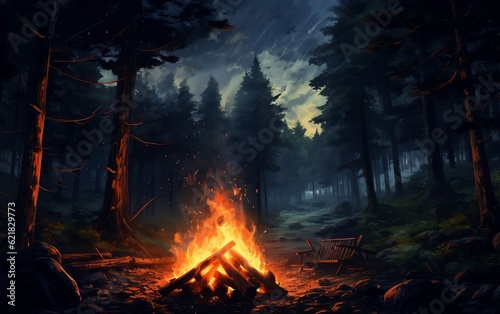 A campfire in the middle of a forest at night. AI