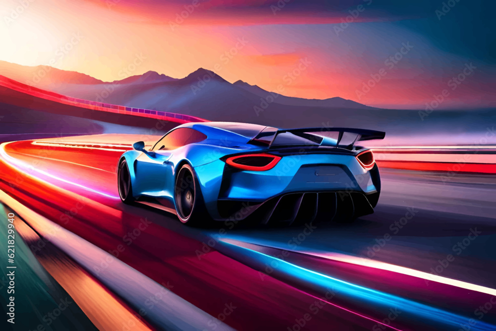 Background with sports car. Neon background with sports car.