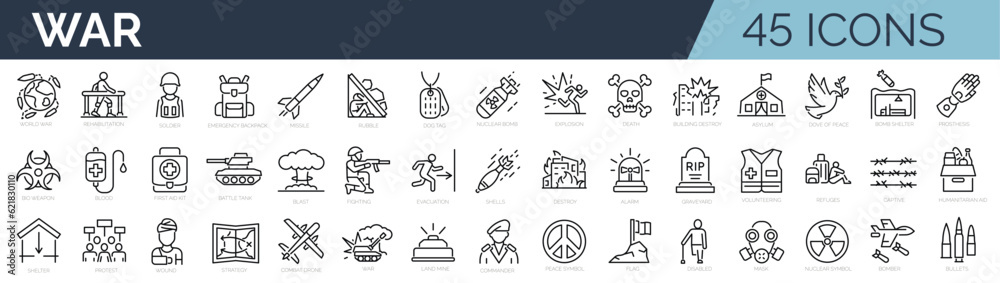Set of 45 outline icons related to war, army, military, battle, conflict. Linear icon collection. Editable stroke. Vector illustration Set of 45 outline icons related to war, army, military, battle, conflict. Linear icon collection. Editable stroke. Vector illustration