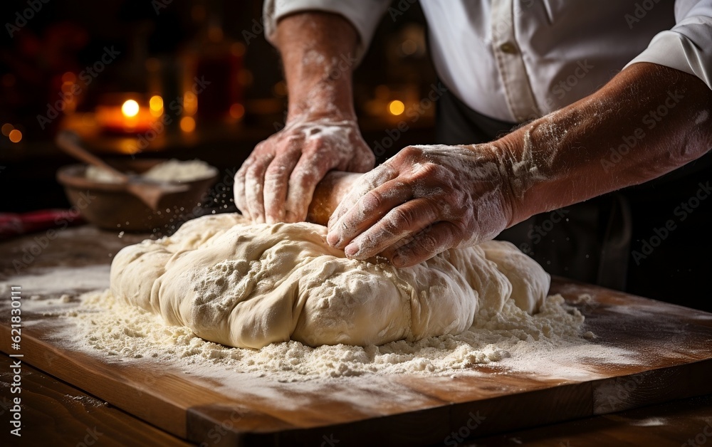 A person kneading dough on top of a wooden table. AI
