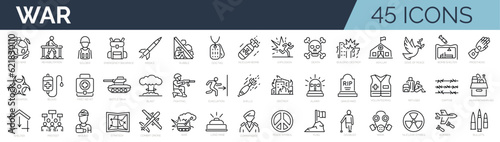 Stampa su tela Set of 45 outline icons related to war, army, military, battle, conflict