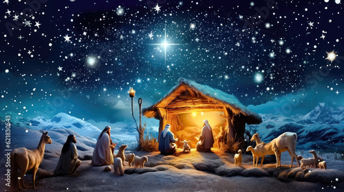 Fotografie, Obraz Nativity Scene Cartoon Illustration - Generative AI