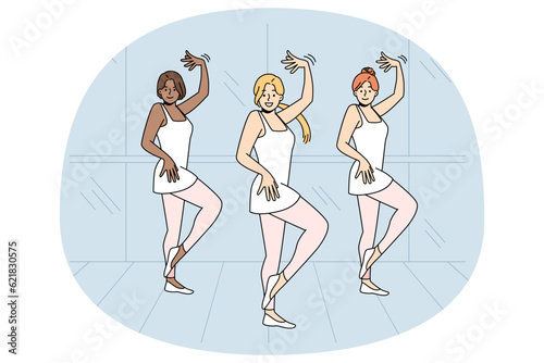 Girls in ballet dresses rehearse together indoors. Diverse ballerinas dancing performing on stage. Hobby concept. Vector illustration.