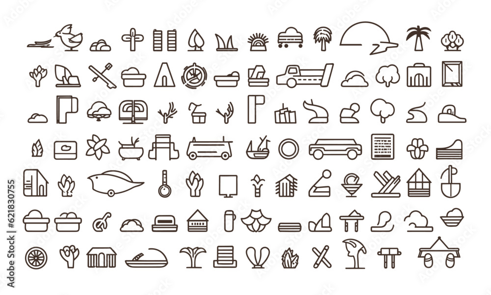 60 line-style travel and tourism web icons. Collection, vacation, trip, airplane, beach, passport, luggage, camping, hotel, summer vacations