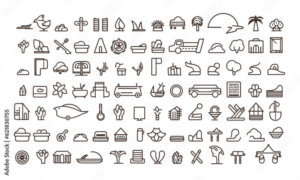 60 line-style travel and tourism web icons. Collection, vacation, trip, airplane, beach, passport, luggage, camping, hotel, summer vacations 60 line-style travel and tourism web icons. Collection, vacation, trip, airplane, beach, passport, luggage, camping, hotel, summer vacations