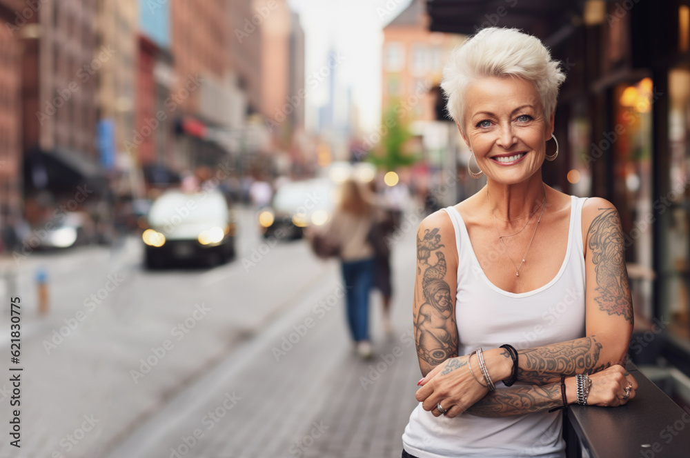 AI generated image of mature woman in the city with tattoos AI generated image of mature woman in the city with tattoos