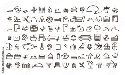 60 line-style travel and tourism web icons. Collection  vacation  trip  airplane  beach  passport  luggage  camping  hotel  summer vacations