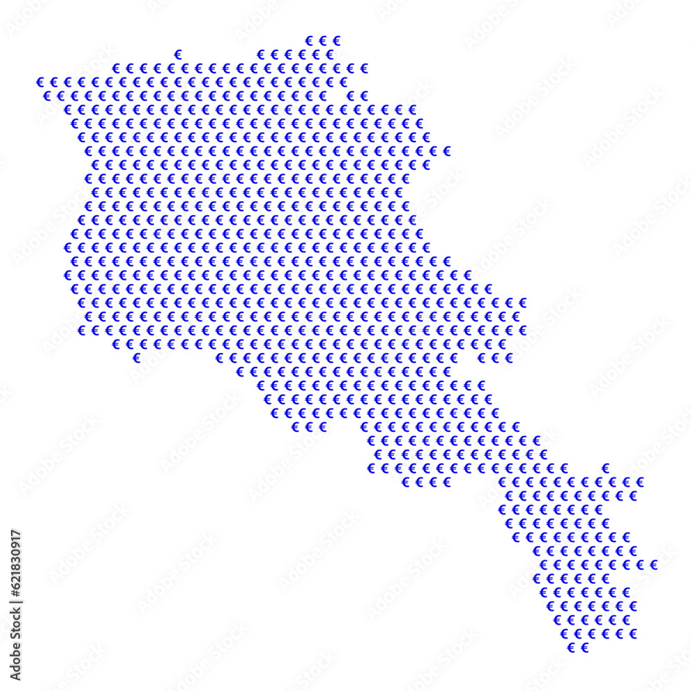 Map of the country of Armenia with blue Euro sign icons on a white background