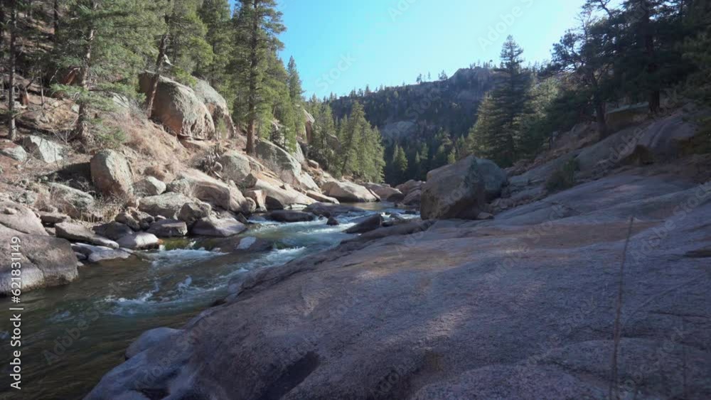 Cinematic Colorado river Cheesmen Canyon on shadowed boulder rocks winter spring warm fly fishing fisherman spot Rocky Mountain National Park peaceful mountain landscape pan to the left 4k Cinematic Colorado river Cheesmen Canyon on shadowed boulder rocks winter spring warm fly fishing fisherman spot Rocky Mountain National Park peaceful mountain landscape pan to the left 4k