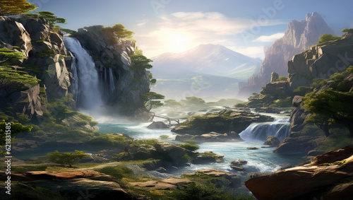 Fantastical Waterfall Oasis: Majestic Landscape with Cascades and Verdant Flora