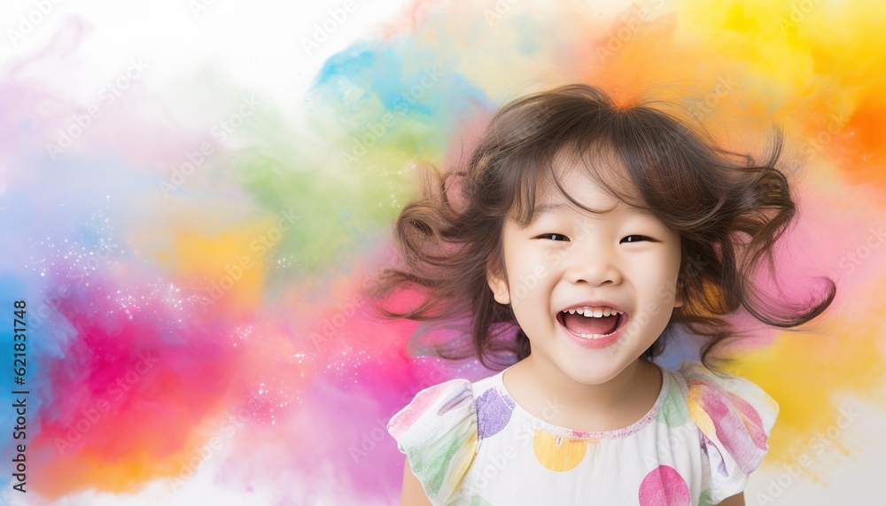 Happy Asian child smiling in a cloud of colorful smoke on a white background, having fun, colors, color explosion, holi, LGBTQ+, party, peace, inclusive, beauty, freedom. Generative AI.