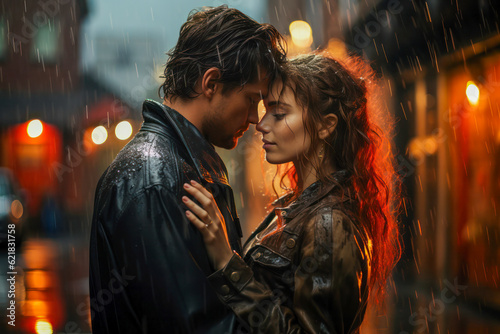 Romantic couple hugging in the rain