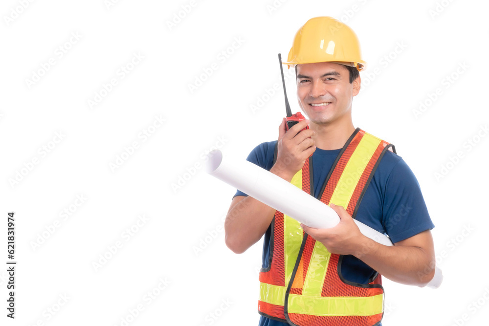 Portrait young architect man engineering with yellow helmet holding megaphone and tablet computer in hand , He standing arms crossed isolated on white background with copy space Portrait young architect man engineering with yellow helmet holding megaphone and tablet computer in hand , He standing arms crossed isolated on white background with copy space