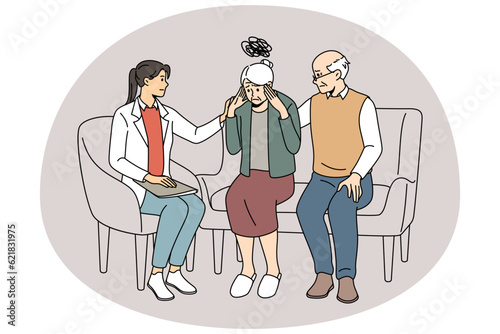 Female doctor helping elderly woman suffering from memory loss. Therapist talk with mature grandmother struggling with Alzheimer disease or dementia. Vector illustration.