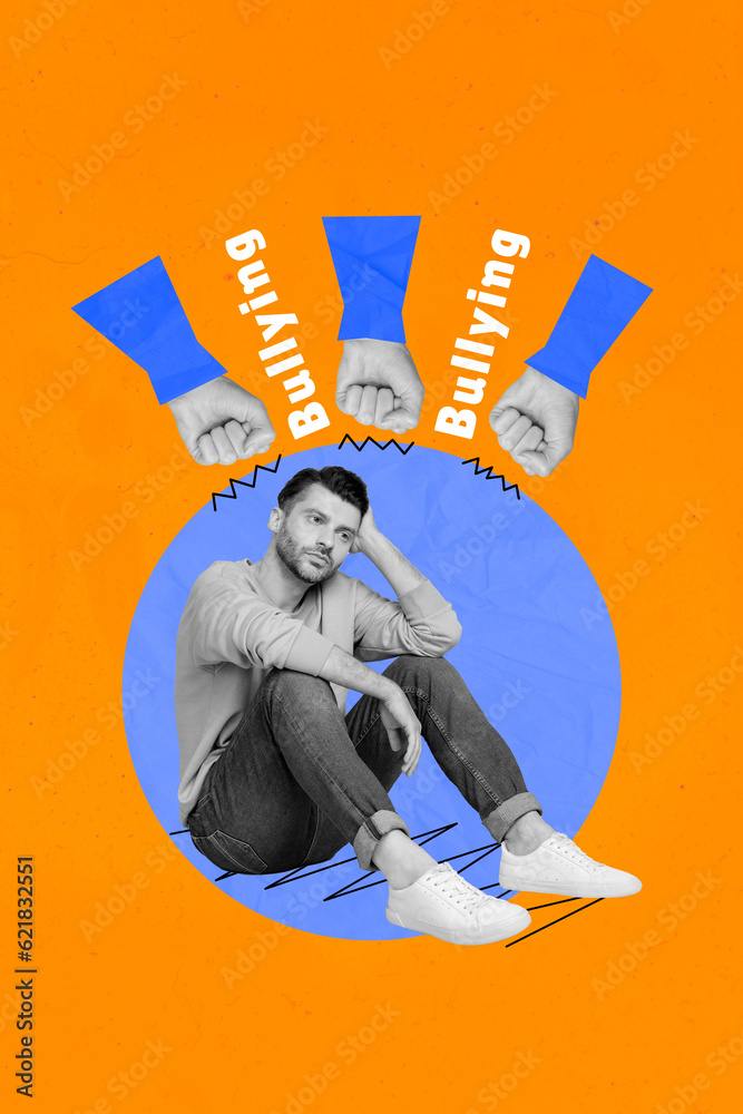 Creative abstract template graphics collage image of depressed guy getting bullying messages isolated colorful background Creative abstract template graphics collage image of depressed guy getting bullying messages isolated colorful background