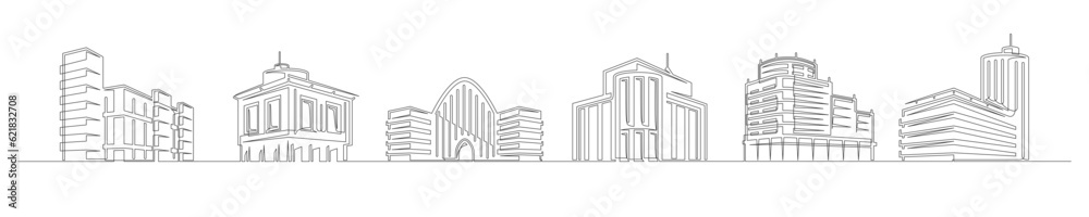 Set of continuous one line buildings. Vintage buildings isolated on a white background. Business concept. Vector illustration