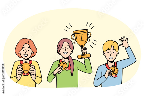 Happy children with medals on school competition on contest. Smiling kids with prizes celebrate win in championship. Vector illustration.