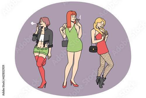 Group of girls in short dresses standing on street at night. Female prostitutes work outside. Vulgar girls in open apparel. Vector illustration.
