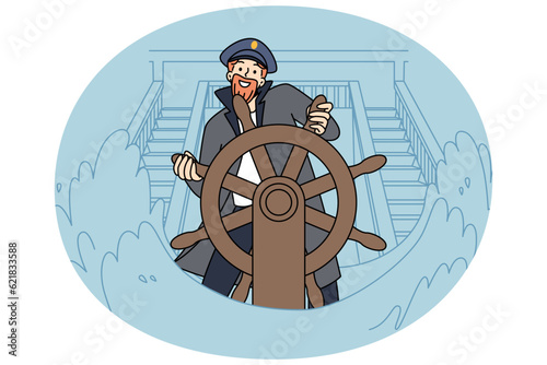 Smiling captain standing at ship wheel during sea storm. Happy skipper at boat helm at ocean waves. Seatime and marine life. Vector illustration.