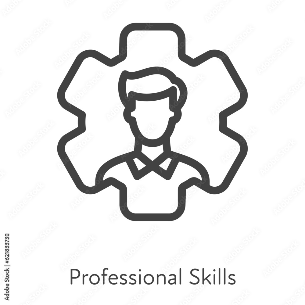 Obraz premium Outline style ui icons hard skill collection. Human resources and business. Vector black linear icon illustration. Man employee in gear wheel professional skills symbol isolated on white background.