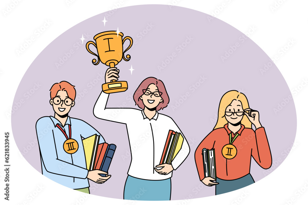 Smiling motivated woman holding golden trophy win first place. Happy clever people winners in competition. Education and success, personal achievement. Vector illustration.