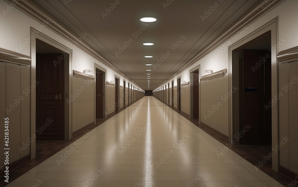 A long hallway with tile floors and white walls. AI