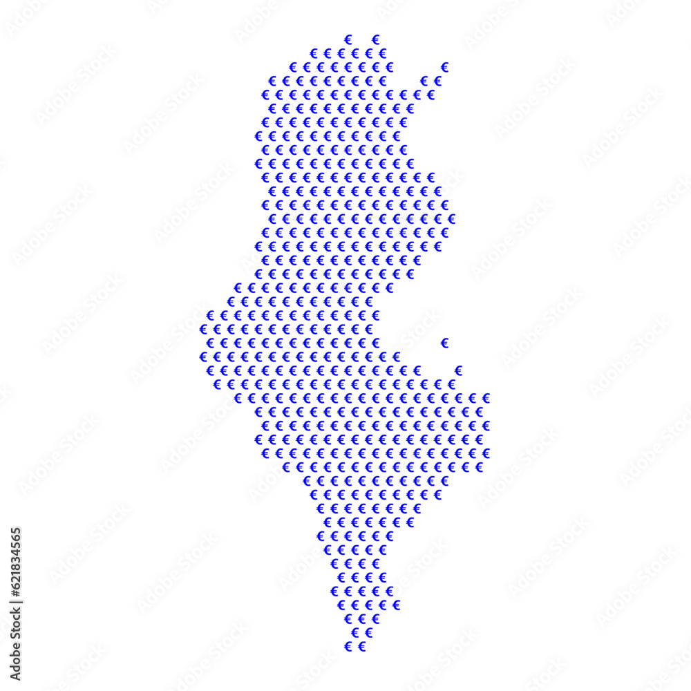 Map of the country of Tunisia with blue Euro sign icons on a white background