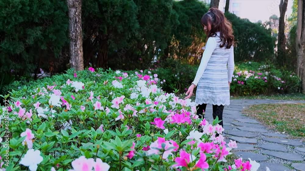 Asian woman wearing white dress walking among azaleas in Da’an park,Taipei,Taiwan. Asian woman wearing white dress walking among azaleas in Da’an park,Taipei,Taiwan.