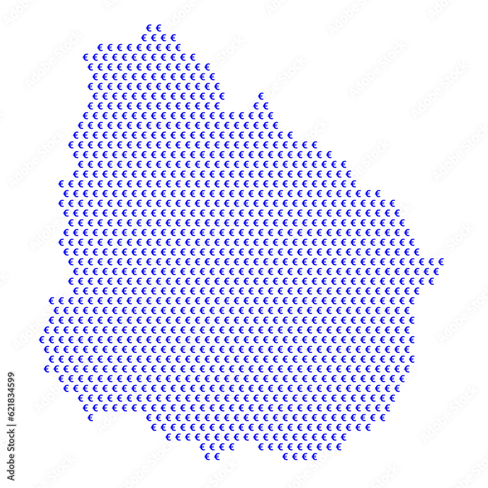 Map of the country of Uruguay with blue Euro sign icons on a white background