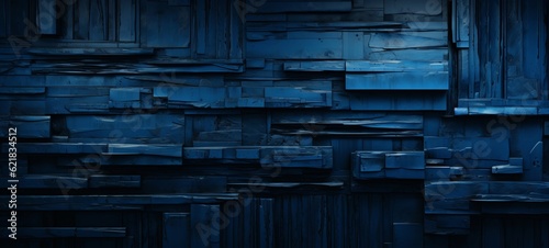 Fototapeta Naklejka Na Ścianę i Meble -  Abstract dark geometric blue 3d texture wall with squares and rectangles background banner illustration, textured wallpaper (Generative Ai)